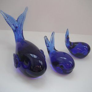 Lot of 3 Murano Art Glass Style Whale Cobalt Blue Paperweight Figurine Vintage